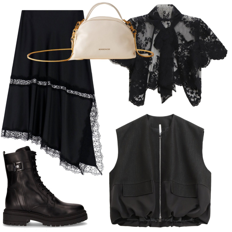 Outfit donna - Il trend del pizzo. Stile Romantica per Serata fuori. Abbinamento con top, gonne lunghe, gilet, borse a mano, anfibi.
