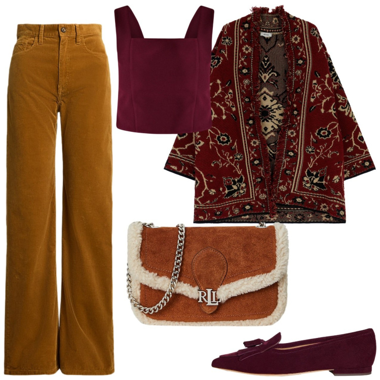 Outfit donna - Tra caramello e bordeaux. Stile Boho per Tutti i giorni. Abbinamento con top, cardigans, pantaloni, clutch, ballerine.