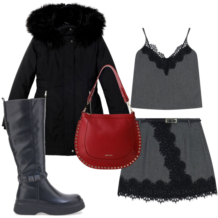 Outfit donna - La gonna originale. Stile Basic per Serata fuori. Abbinamento con parka, borse a spalla, minigonne, top, stivali sopra il ginocchio.