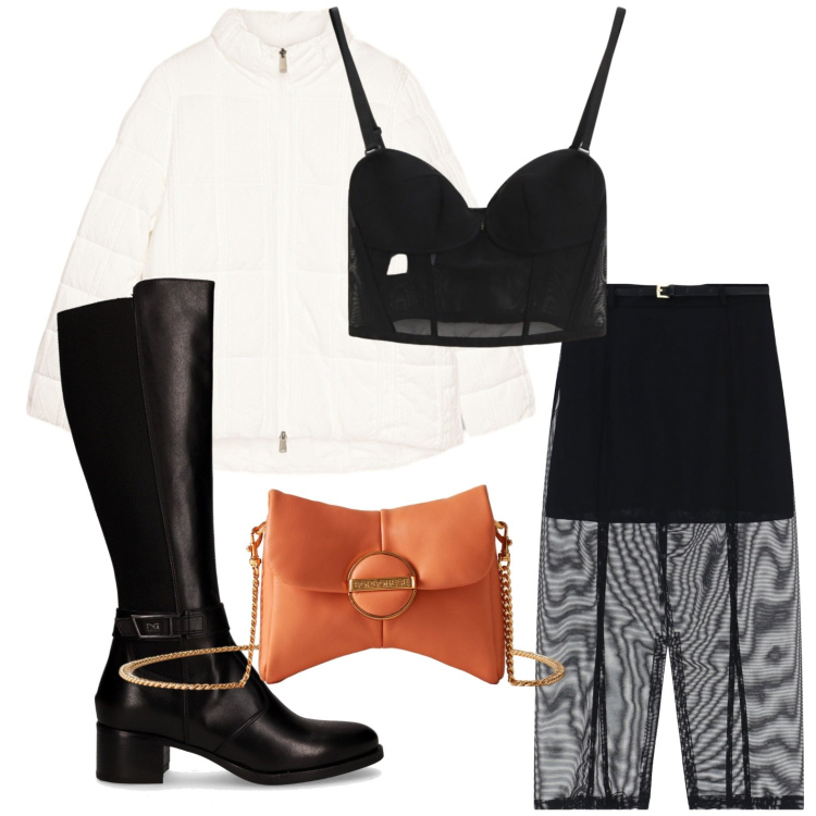 Outfit donna - Gonna midi versione trasparente. Stile Sexy per Serata fuori. Abbinamento con gonne longuette, top, pochette, stivali, piumini.