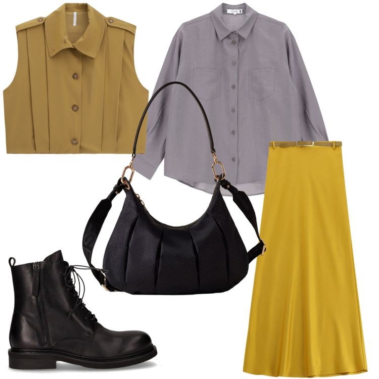 Outfit donna - Il trionfo del gilet. Stile Mannish per Tutti i giorni. Abbinamento con camicie, gonne lunghe, gilet, borse a spalla, anfibi.