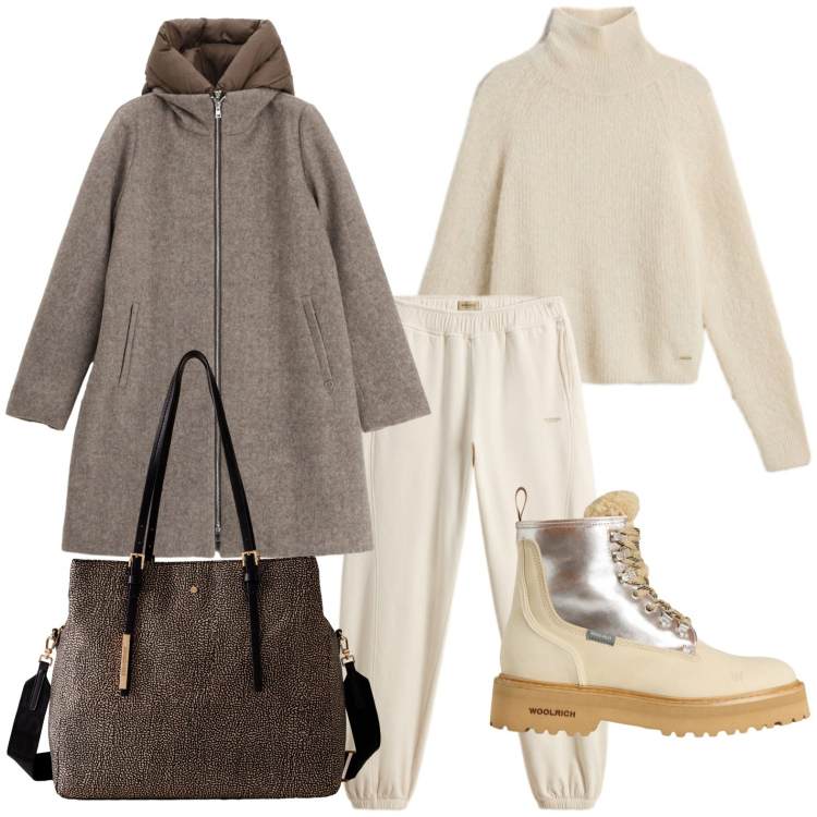 Outfit donna - Carattere urbano. Stile Urban per Tutti i giorni. Abbinamento con piumini, maglieria, anfibi, pantaloni, shopping bag.