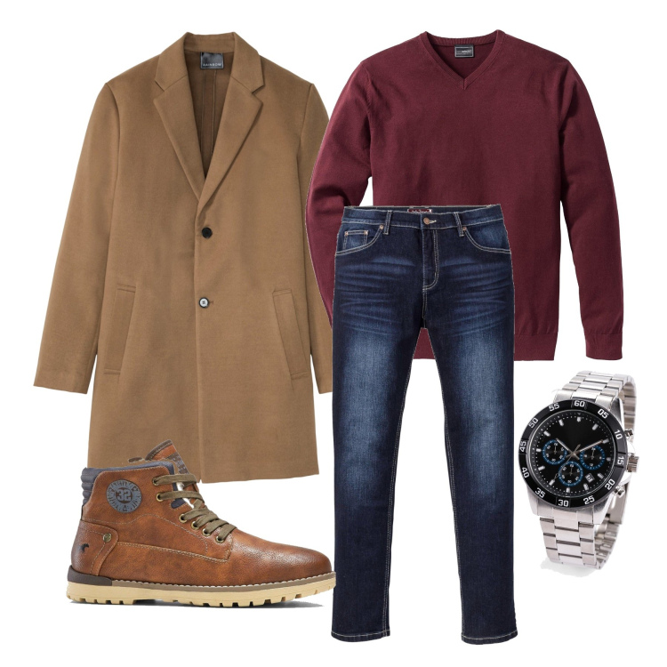 Outfit homme - Novembre. Style Tendance pour Tous les jours. Assortir avec pulls, montres, manteaux, jean slim, bottes.
