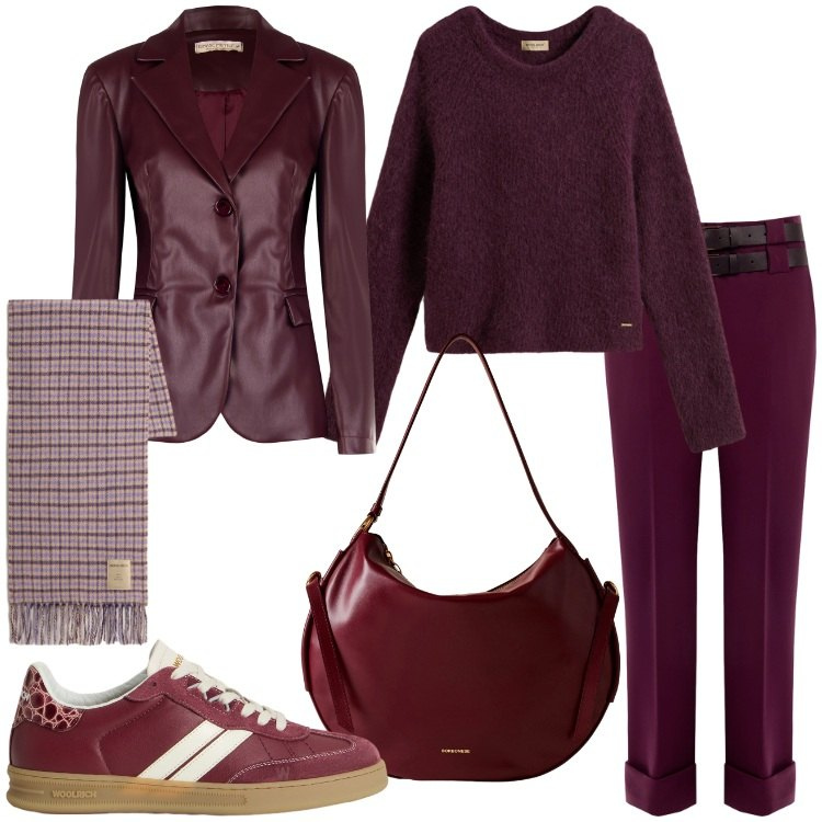 Outfit donna - Shopping con le amiche. Stile Trendy per Tutti i giorni. Abbinamento con pantaloni, blazer, sciarpe, maglieria, sneakers, borse a spalla.