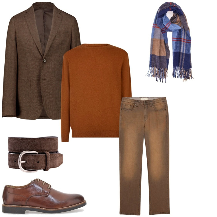 Outfit uomo - Color castagna. Stile Urban per Tutti i giorni. Abbinamento con jeans, sciarpe, maglieria, scarpe stringate, cinture, giacche.