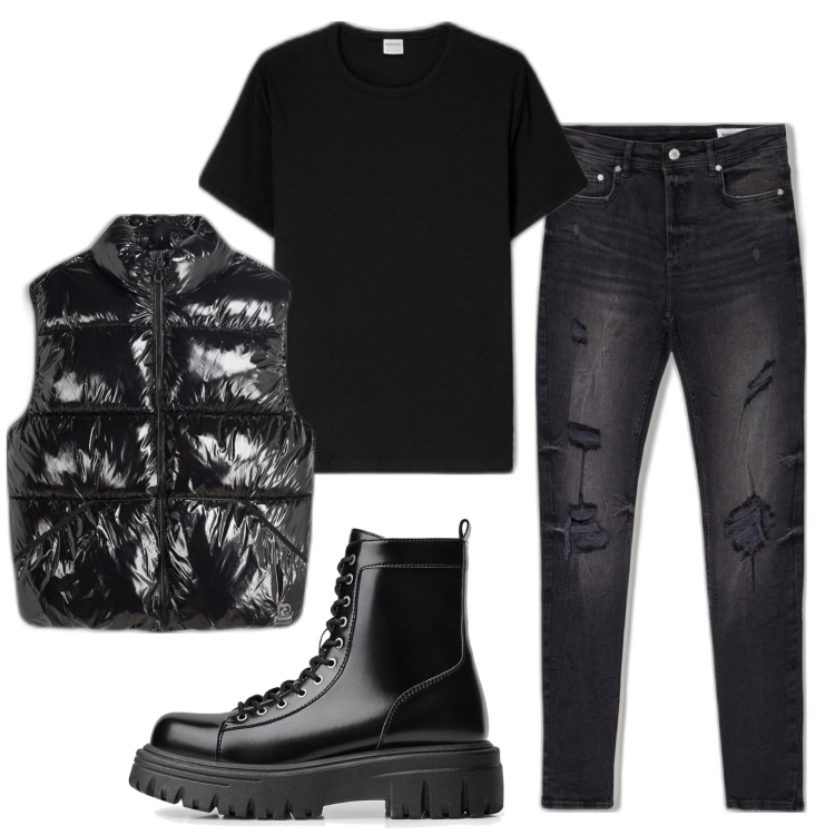 Outfit hombre - Rock band. Estilo Biker Rock para Todos los días. Combinación con botas y botines, vaqueros rotos, chalecos, camiseta.