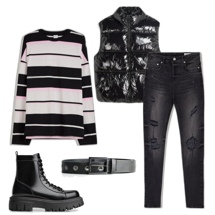 Outfit hombre - Mañana comida. Estilo Biker Rock para Todos los días. Combinación con vaqueros rotos, chalecos, cinturones, camiseta, botas y botines.