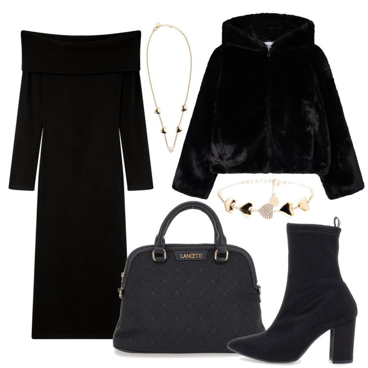 Outfit donna - Il fascino del nero. Stile Chic per Tutti i giorni. Abbinamento con vestiti lunghi, ecopellicce, braccialetti, collane, borse a spalla, stivaletti.