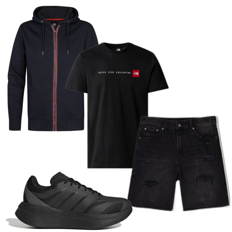Outfit hombre - Total black. Estilo Urban para Todos los días. Combinación con bermudas, camiseta, sudaderas con capucha, sneakers.