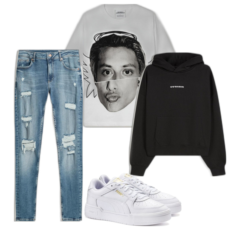 Outfit hombre - Casual look. Estilo Casual para Todos los días. Combinación con camiseta, sneakers, sudaderas con capucha, vaqueros rotos.