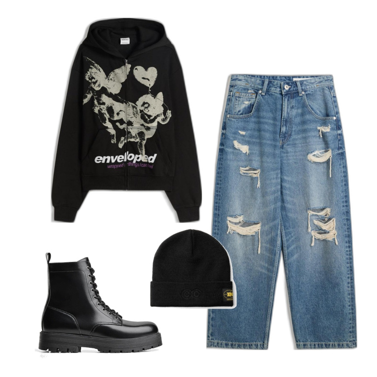 Outfit hombre - Por fin lunes. Estilo Biker Rock para Todos los días. Combinación con gorros, vaqueros rotos, botas y botines, sudaderas con capucha.