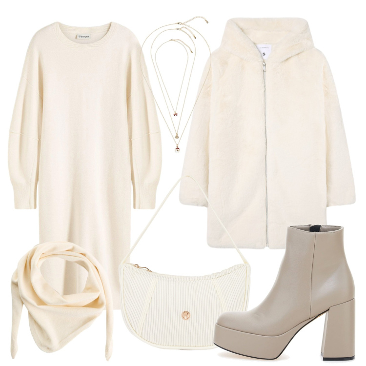 Outfit donna - Abito in maglia. Stile Casual chic per Tutti i giorni. Abbinamento con vestiti, sciarpe, collane, cappotti, borse a mano, stivaletti.