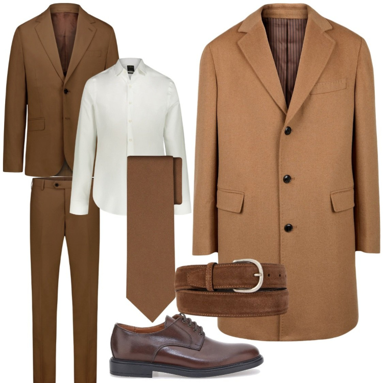 Outfit uomo - Cammello. Stile Business/Elegante per Ufficio. Abbinamento con camicie, cinture, cappotti, abiti, cravatte, scarpe stringate.