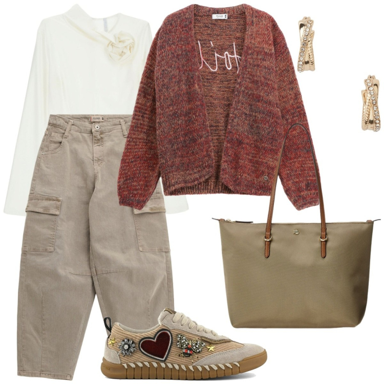 Outfit donna - Autunno avvolgente. Stile Urban per Tutti i giorni. Abbinamento con cardigans, pantaloni chino, t-shirt, orecchini, borse tote, sneakers.