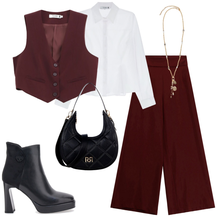 Outfit donna - Bordeaux. Stile Trendy per Tutti i giorni. Abbinamento con borse a tracolla, gilet, pantaloni a palazzo, camicie, stivaletti, ciondoli.