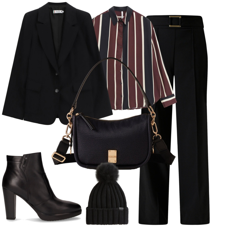 Outfit donna - City. Stile Chic per Tutti i giorni. Abbinamento con pantaloni, blazer, camicie, berretti, borse a spalla, stivaletti.