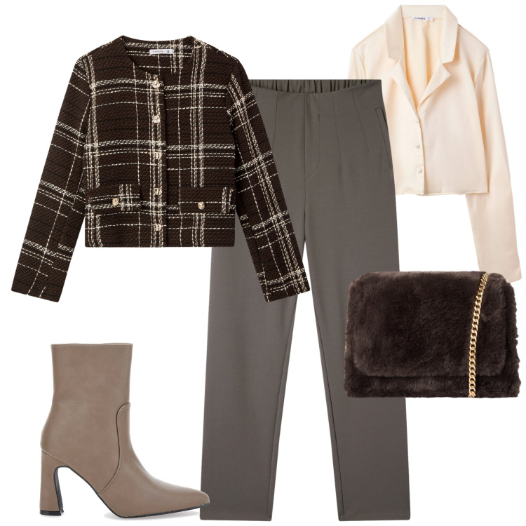 Outfit donna - Novembre. Stile Urban per Tutti i giorni. Abbinamento con camicie, blazer, pantaloni chino, borse a tracolla, stivaletti.