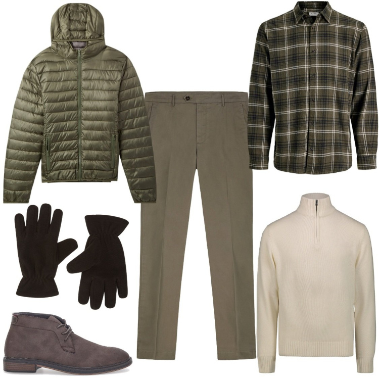 Outfit uomo - Camicia scozzese. Stile Urban per Ufficio. Abbinamento con camicie, piumini, guanti, scarpe stringate, pantaloni chino, maglieria.