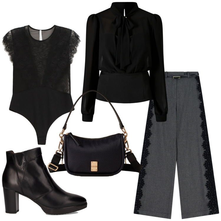 Outfit donna - Total look #2278128. Stile Glamour per Serata fuori. Abbinamento con bluse, body, pantaloni a palazzo, borse a spalla, stivaletti.