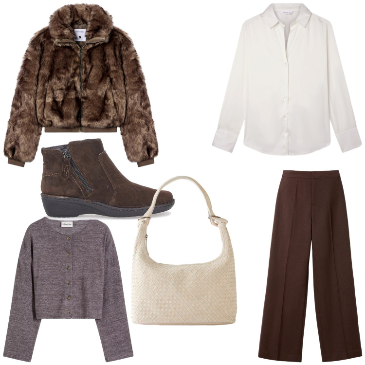 Outfit donna - Outfit ideas. Stile Casual chic per Tutti i giorni. Abbinamento con cardigans, shopping bag, pantaloni, ecopellicce, camicie, stivaletti.