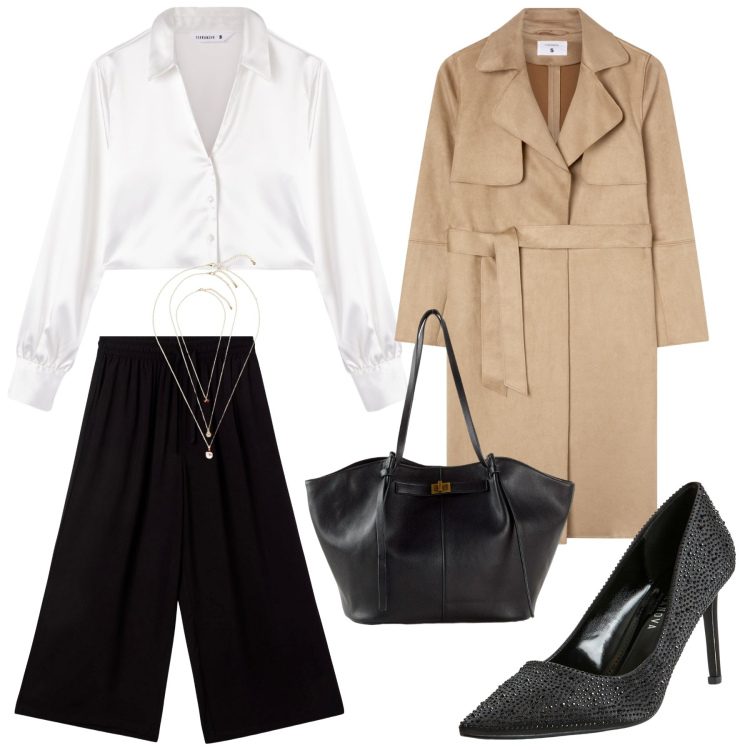 Outfit donna - Metti una sera a cena. Stile Chic per Serata fuori. Abbinamento con shopping bag, collane, décolleté, pantaloni a palazzo, camicie, trench.