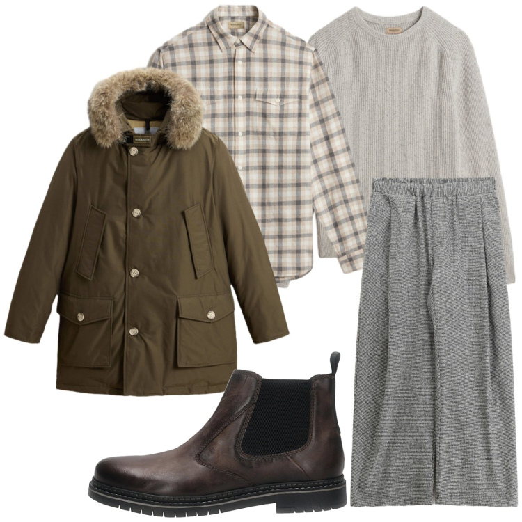 Outfit uomo - Quadri autunnali. Stile Trendy per Ufficio. Abbinamento con camicie, maglieria, parka, pantaloni, stivali e stivaletti.