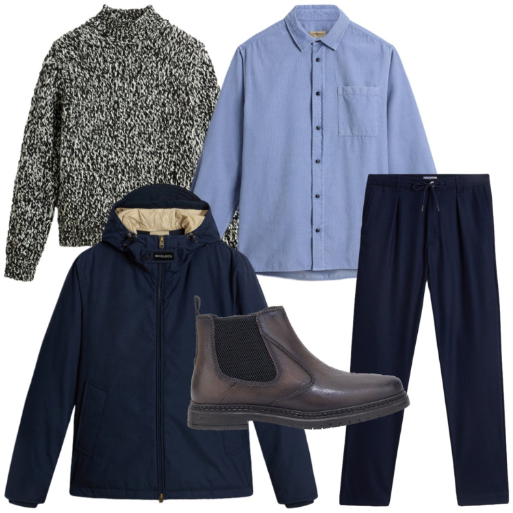 Outfit uomo - Sfumature blu. Stile Casual per Ufficio. Abbinamento con maglieria, pantaloni, camicie, giacche, stivali e stivaletti.