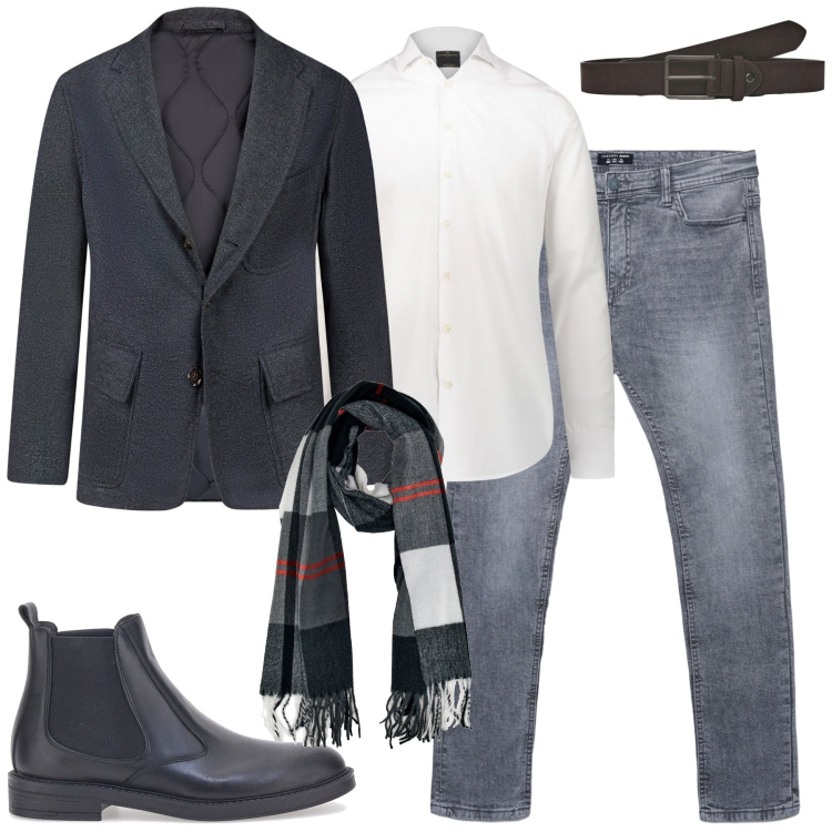 Outfit uomo - City. Stile Urban per Tutti i giorni. Abbinamento con cinture, jeans skinny, camicie, giacche, sciarpe, stivali e stivaletti.