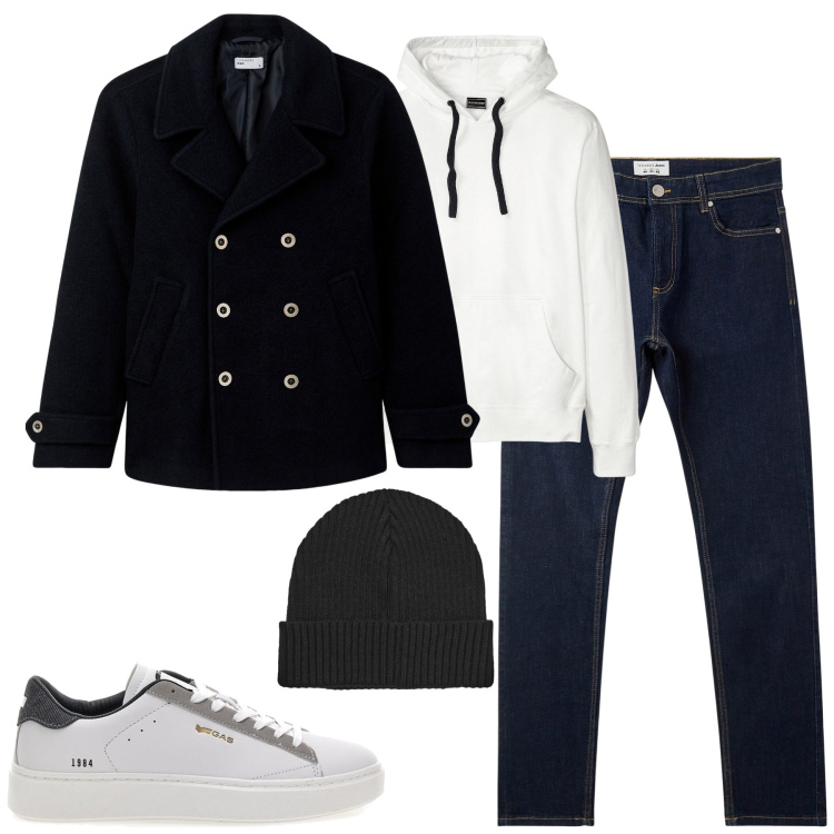 Outfit uomo - City. Stile Casual per Tutti i giorni. Abbinamento con felpe con cappuccio, cappotti, jeans skinny, berretti, sneakers.