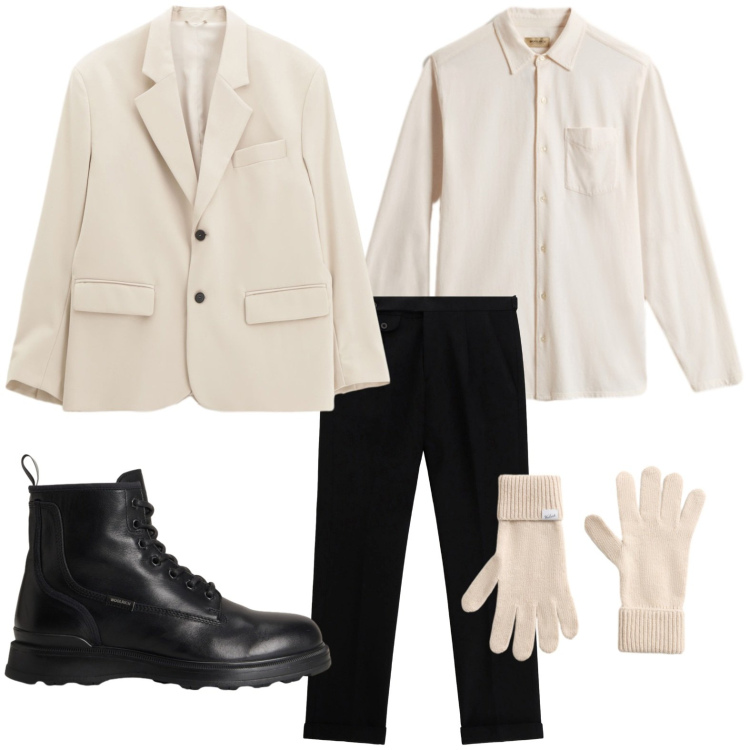 Outfit uomo - Il blazer di classe. Stile Trendy per Serata speciale. Abbinamento con giacche, pantaloni, anfibi, camicie, guanti.