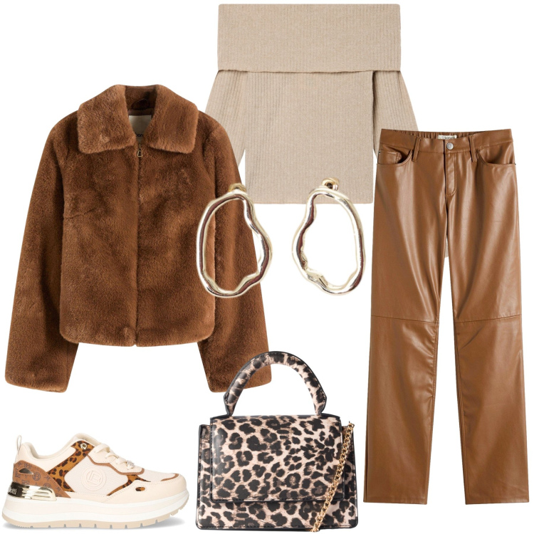 Outfit donna - Look color caramello. Stile Casual per Tutti i giorni. Abbinamento con ecopellicce, pantaloni, borse a tracolla, maglieria, orecchini, sneakers.