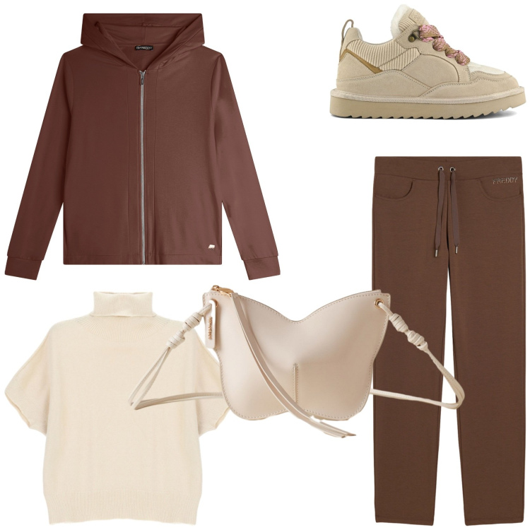 Outfit donna - Domenica di relax. Stile Sporty chic per Tutti i giorni. Abbinamento con maglieria, pantaloni, felpe con cappuccio, borse a tracolla, sneakers alte.