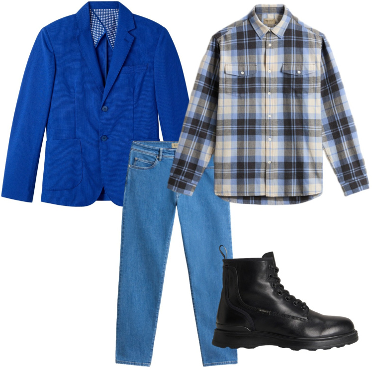 Outfit uomo - Il blu royal armonioso. Stile Trendy per Ufficio. Abbinamento con giacche, camicie, pantaloni, anfibi.