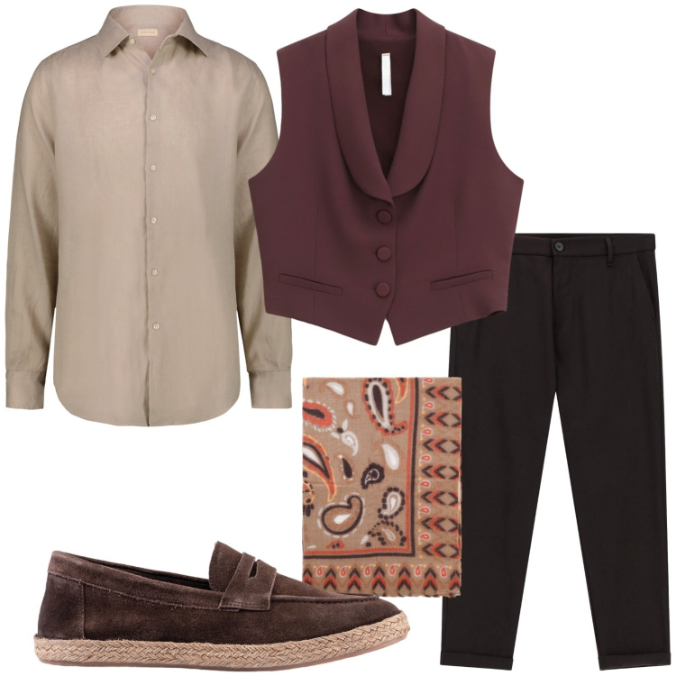 Outfit uomo - Gilet con collo a scialle. Stile Trendy per Tutti i giorni. Abbinamento con pantaloni, gilet, sciarpe e foulard, camicie, espadrillas.
