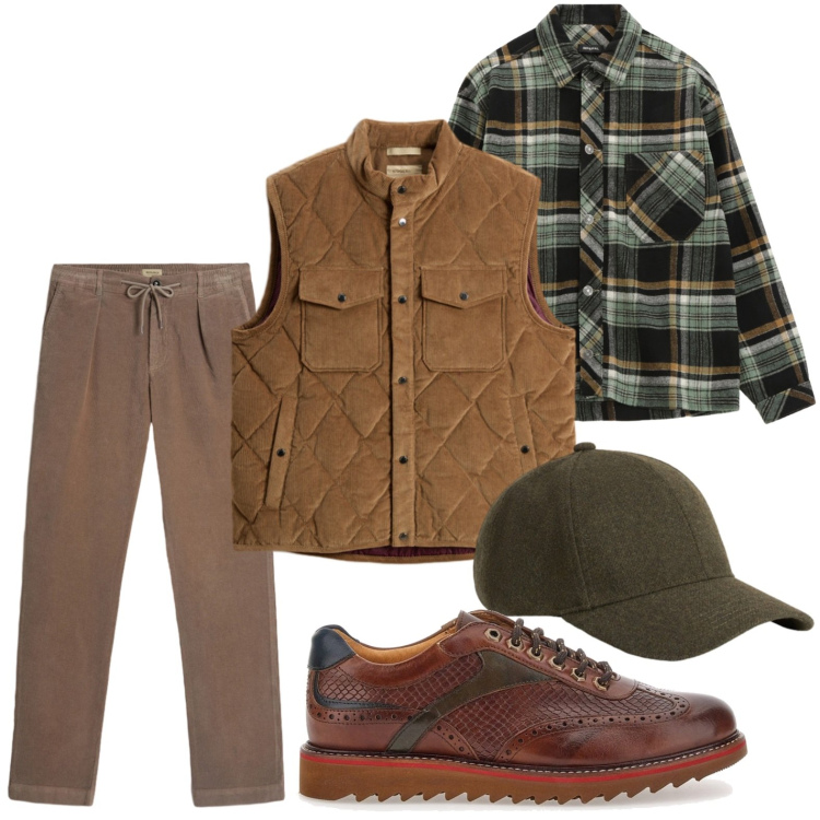 Outfit uomo - La camicia alternativa. Stile Trendy per Tutti i giorni. Abbinamento con pantaloni, gilet, cappelli, camicie, scarpe stringate.