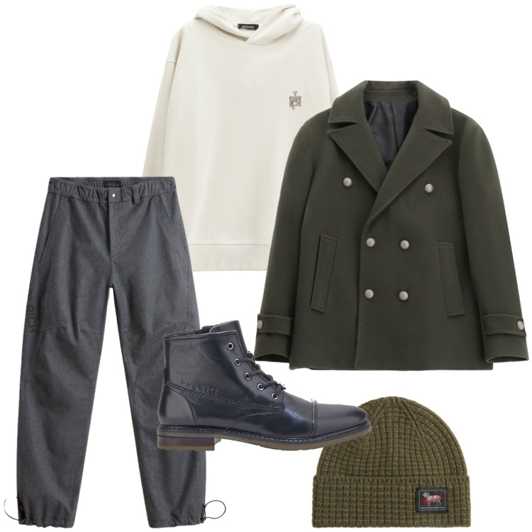 Outfit uomo - Colori armoniosi. Stile Trendy per Tutti i giorni. Abbinamento con pantaloni, berretti, felpe con cappuccio, cappotti, stivali e stivaletti.