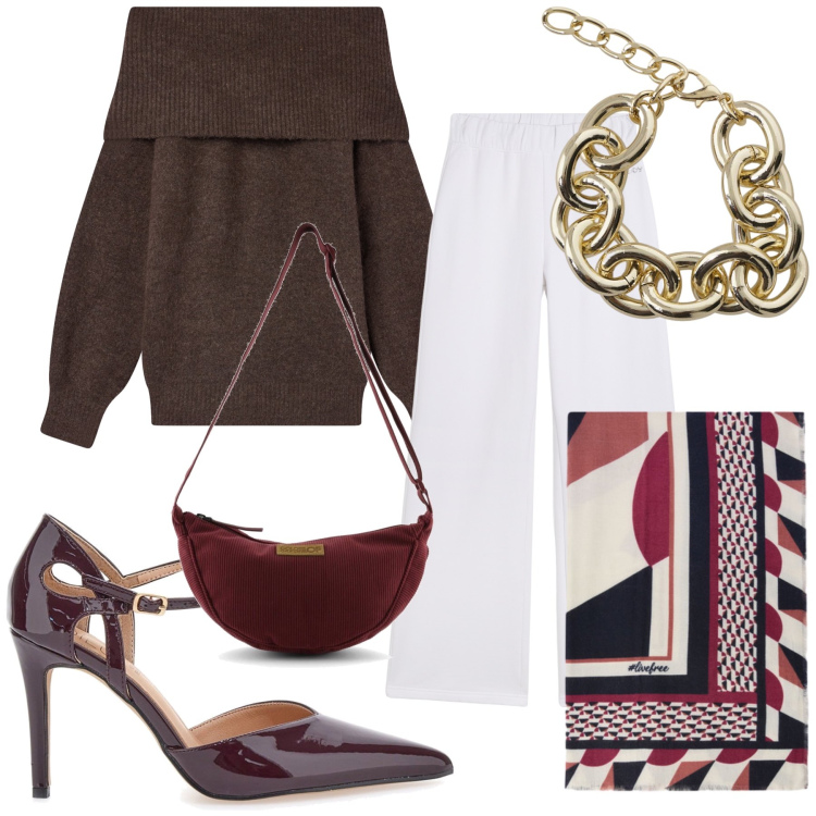 Outfit donna - Chic in maglia e pantaloni. Stile Chic per Tutti i giorni. Abbinamento con maglieria, pantaloni, braccialetti, décolleté, borse a tracolla, foulard.