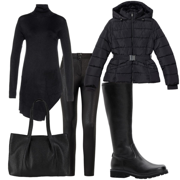 Outfit donna - Black total black. Stile Basic per Tutti i giorni. Abbinamento con maglieria, shopping bag, stivali, piumini, pantaloni skinny.