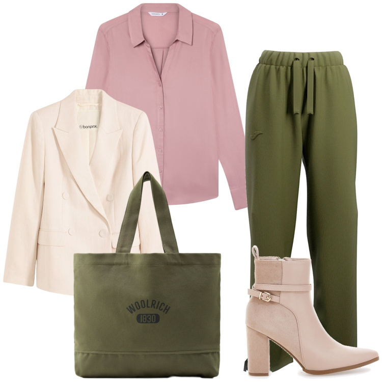 Outfit donna - Comoda in ufficio con questo look. Stile Urban per Ufficio. Abbinamento con blazer, camicie, borse tote, stivaletti, pantaloni.