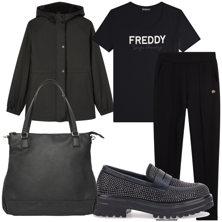 Outfit donna - Basica coí mocassini particolari. Stile Basic per Tutti i giorni. Abbinamento con shopping bag, blazer, t-shirt, pantaloni, mocassini.