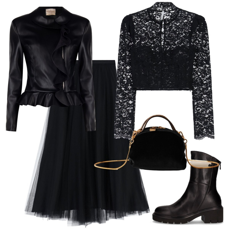 Outfit donna - Pizzo nero. Stile Glamour per Serata fuori. Abbinamento con blazer, gonne lunghe, bluse, borse a mano, stivaletti.
