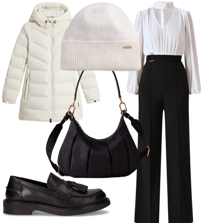 Outfit donna - Una tuta e via. Stile Urban per Ufficio. Abbinamento con tute, berretti, piumini, borse a spalla, mocassini.