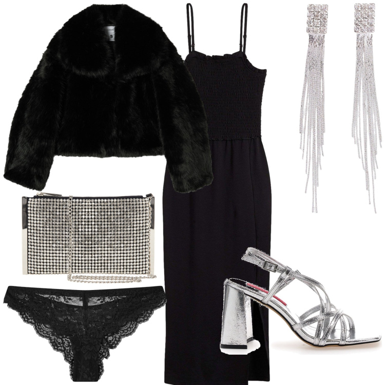 Outfit donna - Serata argentata. Stile Glamour per Serata fuori. Abbinamento con vestiti midi/longuette, orecchini, perizomi, blazer, pochette, sandali col tacco.