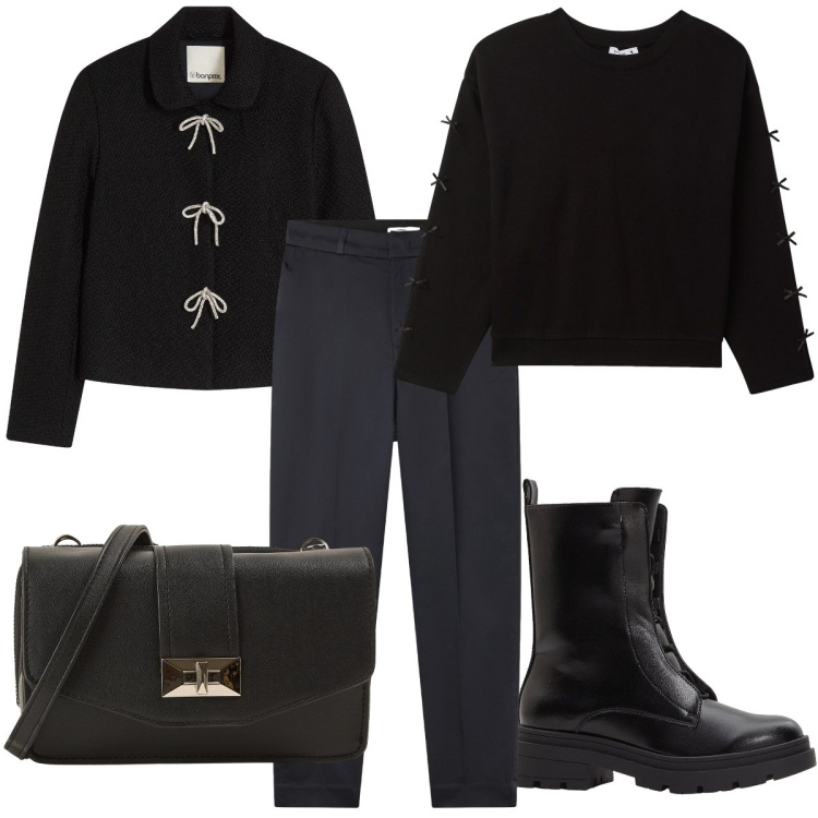 Outfit donna - Giornata in nero. Stile Bon Ton per Tutti i giorni. Abbinamento con blazer, stivaletti, camicie, borse a tracolla, pantaloni chino.