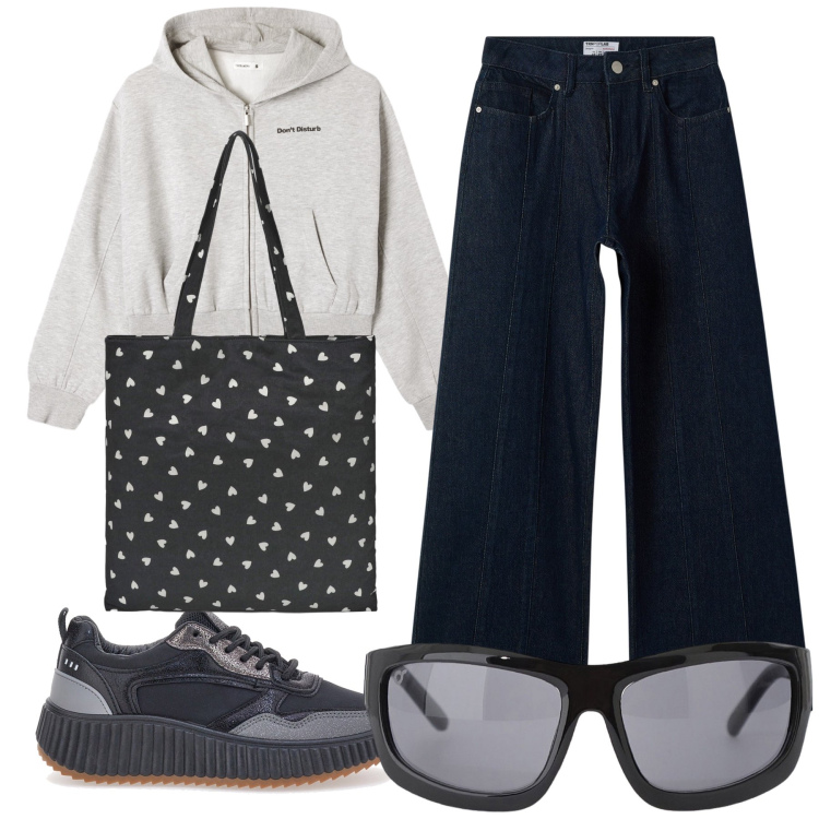 Outfit donna - Passeggiata. Stile Casual per Tutti i giorni. Abbinamento con jeans, borse tote, felpe con cappuccio, occhiali da sole, sneakers.