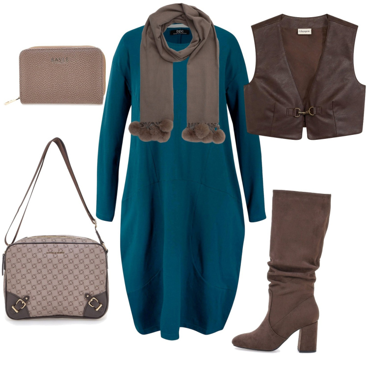 Outfit donna - Total look #2278211. Stile Casual chic per Tutti i giorni. Abbinamento con vestiti, gilet, sciarpe, stivali sopra il ginocchio, portafogli, borse a tracolla.