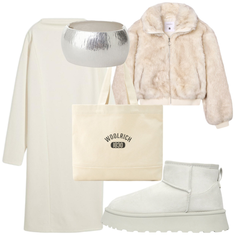 Outfit donna - Cocoon. Stile Trendy per Tutti i giorni. Abbinamento con vestiti midi/longuette, stivaletti, ecopellicce, borse tote, anelli.