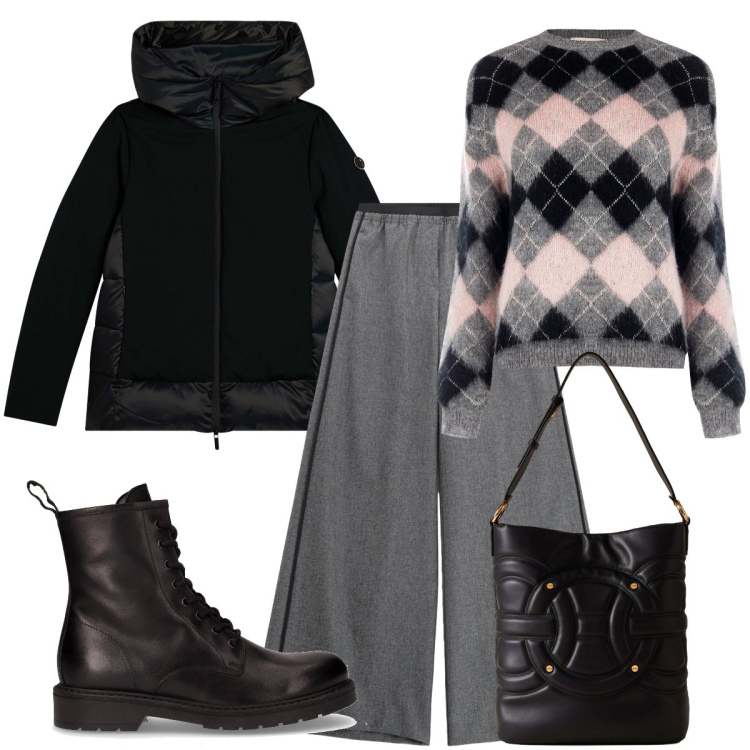 Outfit donna - Il maglione a rombi. Stile Casual chic per Tutti i giorni. Abbinamento con maglieria, pantaloni, piumini, borse a secchiello, anfibi.