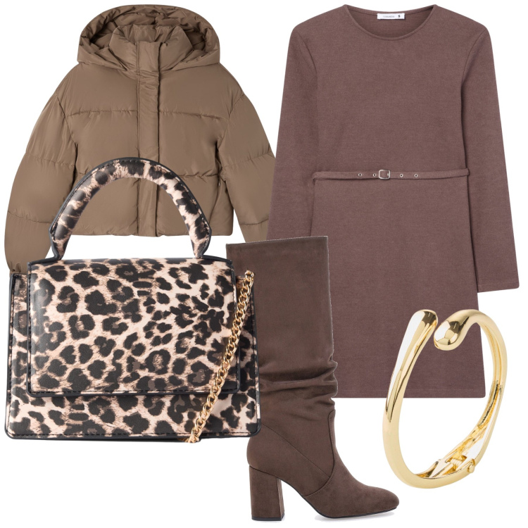 Outfit donna - Città. Stile Urban per Tutti i giorni. Abbinamento con braccialetti, vestiti midi/longuette, borse a tracolla, bomber, stivali sopra il ginocchio.