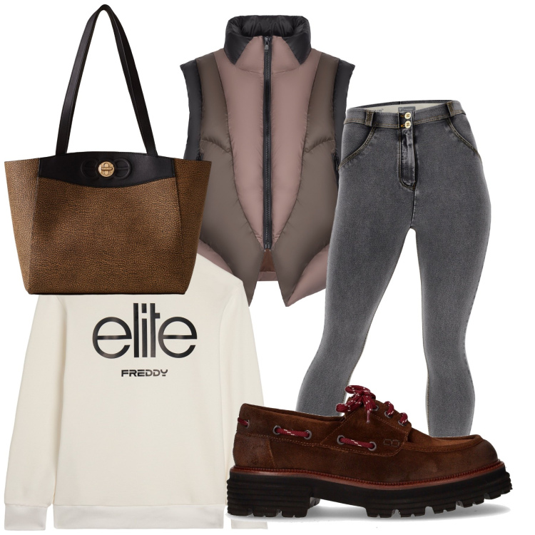 Outfit donna - Sportiva e curata. Stile Casual chic per Tutti i giorni. Abbinamento con jeggings, felpe, piumini, shopping bag, mocassini.